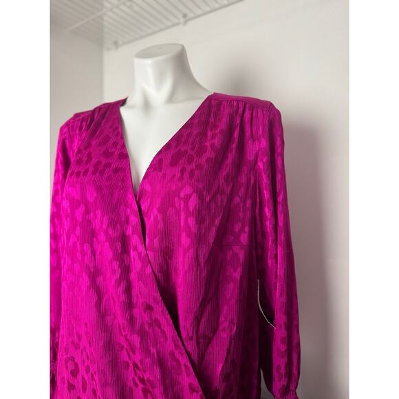 INC Fuchsia Leopard Print Wrap Long sleeve Blouse Ruffle Sleeve 1X - Picture 2 of 9